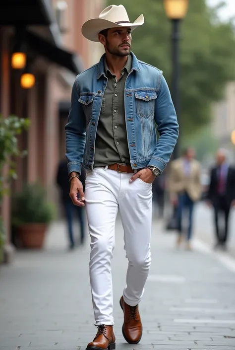 Modern mens outfit with white pants,  brown shoes and denim jacket and cowboy hat 
