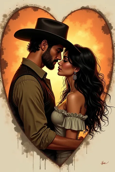  Illustration drawing a couples masterpiece hes a cowboy similar to Quentin Emery shes gorgeous dark hair green eyes similar to Ersa Bilgic. Theyre kissing inside a heart illustration . Imagem western 