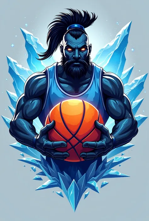  A logo for a basketball team called Masters of the Court .  The design includes a basketball with a bright orange tone surrounded by frozen details and a gladiator.  The main colors are light blue , white, blue and black,  creating a cold and festive atmo...