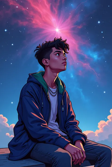 Create an image for the cover of my trap album where a teenager in stylish clothes is sitting on a bench and the starry space is behind him, all in the form of a cartoon without realistic things in a more stylish way.