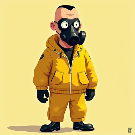 cartoon character, With black gas mask and yellow Breaking Bad outfit, 2D illustration, buzz cut hair