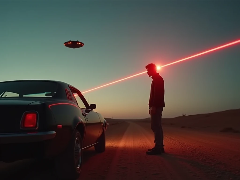  A young man standing on the side of his car is shot directly in the head by a laser beam coming out of a UFO that is flying far away, At dusk,  a car next to the young man , realistic and horror scene ,  the laser beam hits directly in the face of the you...