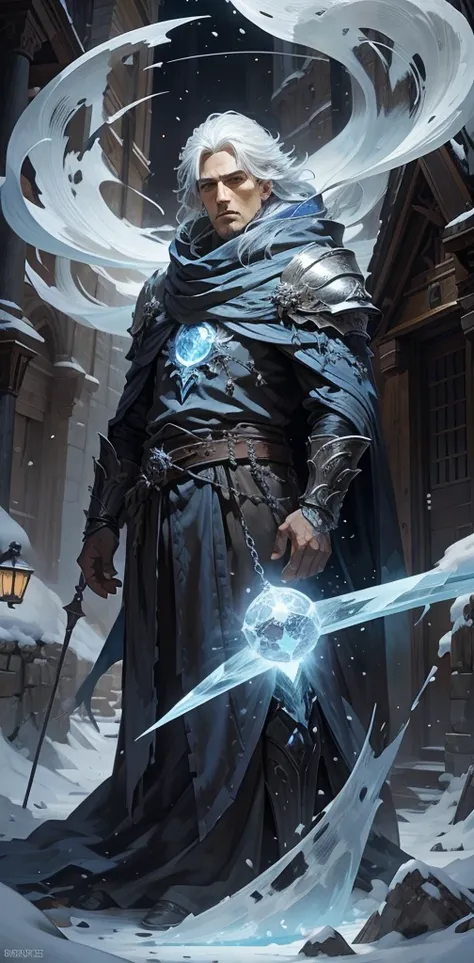 Create a fantasy character concept of a powerful ice mage standing in a snowy medieval city. The character has striking brpwn hair and wears an intricately designed blue robe adorned with frost details and magical symbols. He exudes an aura of energy as he...