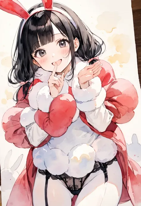 Masterpiece, watercolor, rough sketch, 16K, a girl with black hair, low-twintails, blunt bangs, ivory black eyes, red rabbit ears headband, separate bunny costume with red and white boa, white tights, black garter belt, smiling, winking, blowing a kiss,