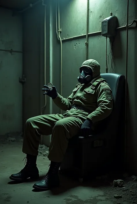 A soldier in a gas mask and military coveralls, dead from radiation, sitting on a chair in a bunker base with a compass in his hand, in the style of Metro 2033.