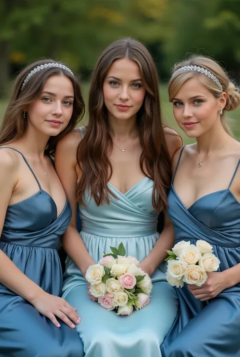 Realistic upper body portrait of three German flower girls aged 24 ,  long hair, headband, Necklace, smile.  She poses for the camera in a shiny metallic light blue and dark blue silk A-line dress with straps..., Wedding celebration,glamour fotoshooting,  ...