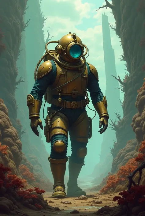 Derek Stenning concept art of a diver wearing a Victorian diving suit on a strange planet