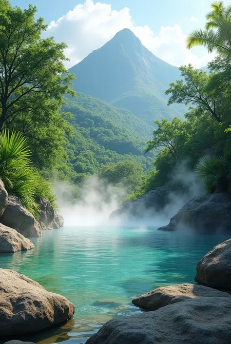 Certainly! Heres a detailed description for the image:

"A serene landscape showcasing the natural hot springs of Los Baños, Laguna. In the foreground, a steaming pool of clear, warm water surrounded by smooth rocks and lush tropical greenery. Gentle mist ...