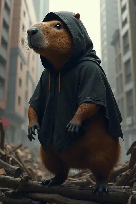 Capybara wearing black hooded poleron on a barricade