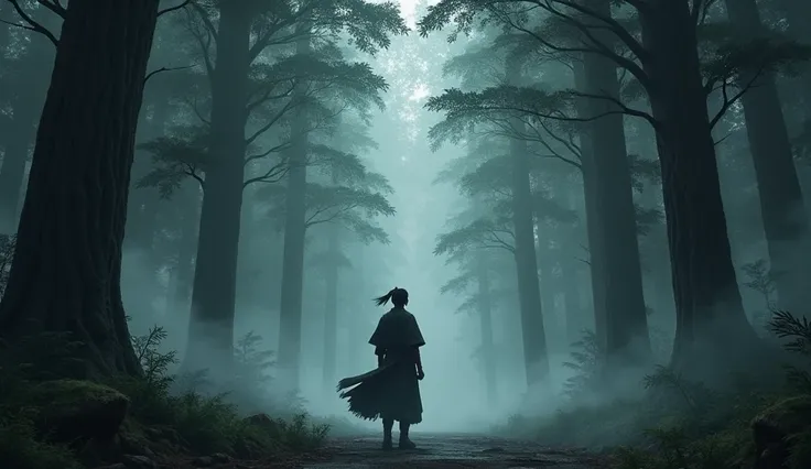 "A young man, Kang, stands at the edge of the forest. He is wearing a simple, dark tunic and his dark hair is tied back in a warriors knot. His face is filled with determination and curiosity as he gazes into the dense forest ahead. The mist swirls around ...