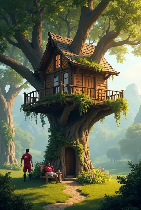 A treehouse with beautiful landscape ronaldo standing on the tree house and Messi under the tree house