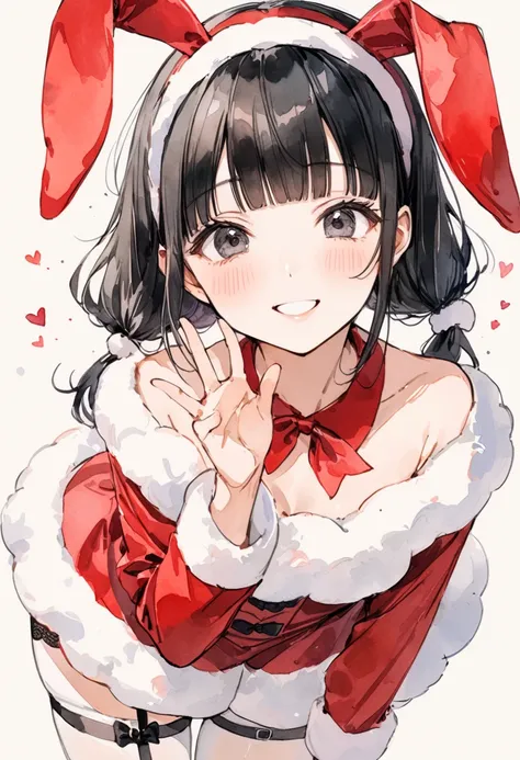 Masterpiece, watercolor, rough sketch, 16K, a girl with black hair, low-twintails, blunt bangs, ivory black eyes, Santa Claus Bunny Style, red rabbit ears headband, separate bunny costume with red and white boa, white tights, black garter belt, smiling, wi...