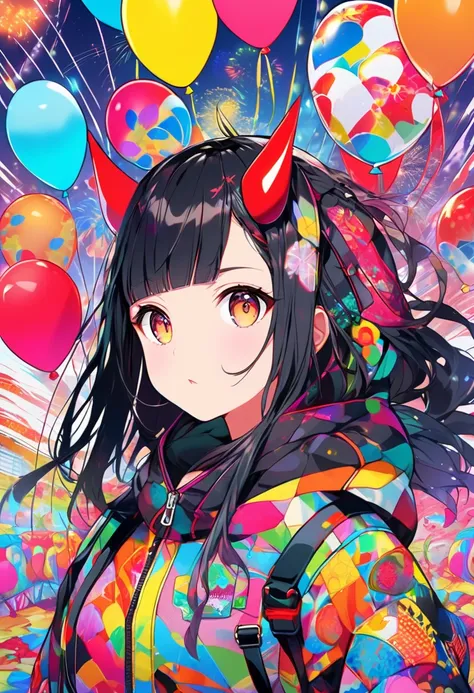 {worst quality, low-quality}, Anime artwork depicting a oni girls face within a vivid and abstract collage of colors and patterns, A girl with demon horns, Shiny long black hair, blunt bangs, Put on a gas mask, Wearing a colorful camouflage hoodie, The com...