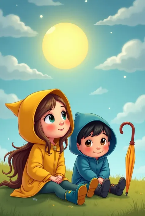  An image for a history e-book . in the image,  Clara with long light brown hair ,  green eyes , with her little brother Lucca ,  with dark brown eyes and black hair .  She is wearing a yellow raincoat , colorful boots ,  their brother wearing blue raincoa...