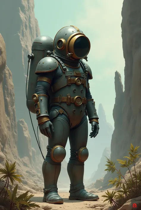  Concept art featuring artist Derek Stennings .style of "born in concrete "  of a diver wearing a Victorian diving suit on a strange planet