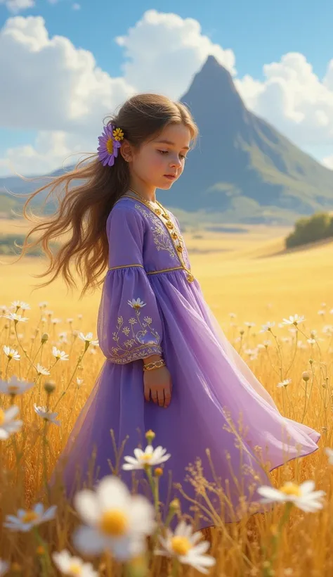  imaginary　Mountain　Golden Prairie 　white flower flower 　purple coat 　White embroidery　 wearing gold ornaments 　 cute　 girl　 purple short fur