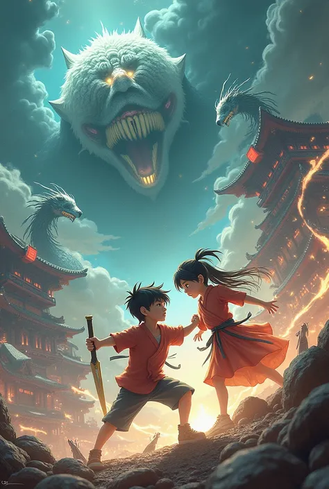 image of a boy and a girl fighting aliens and Yokais