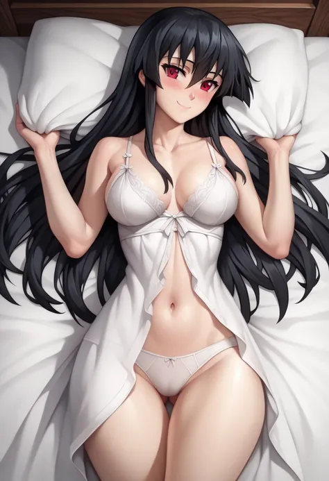 nsfw,akame, long hair, black hair, red eyes, hair between eyes, Dakimakura,medium breasts, (((big thigh))), blush, calm smile, lying in bed, ((((white bed, white bed sheets)))), lay supine, navel, looking at the owner,wearing a soft and elegant nightgown, ...