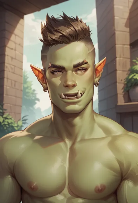 Orc, handsome, male, green skin, short brown hair, undercut, pointy ears, smile, shirtless, earrings