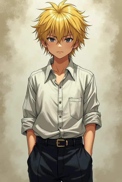 blond boy wearing a wrinkled white shirt and black pants with a loose belt in the style of Jujutsu Kaizen by Gege Akutami