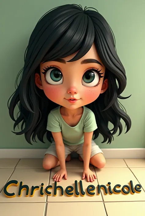 Create a caricature image of a teenager woman with shoulder lenght black hair, with fair skin color similar to human. High qualijy realistic photo and there is a name "Chrischellenicole" written beneath the floor in 3D letter style, embossed and realistic,...