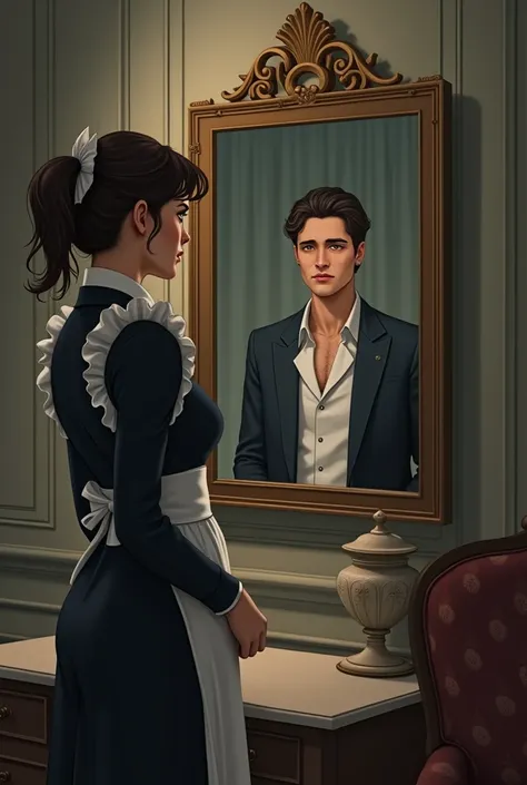 Wife independent maid thinking husband looking at mirror
