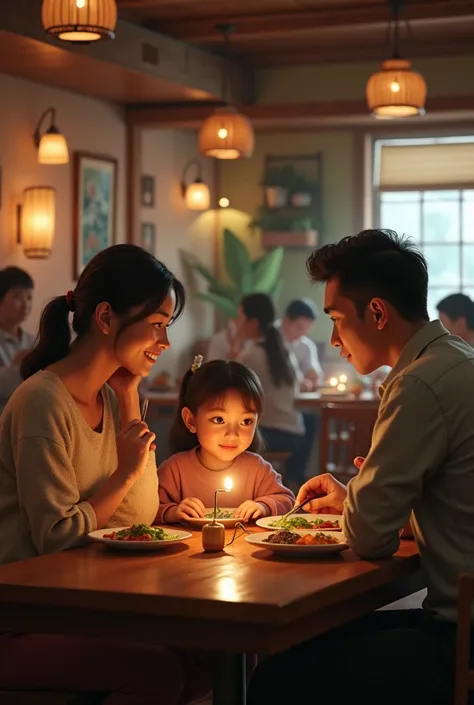 Family of woman man and girl in restaurant