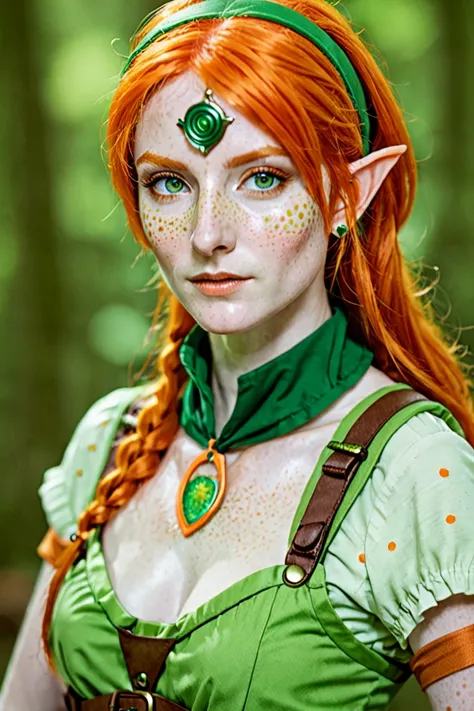  Elf,  orange hair, pale greenish skin, freckles, Eye patch,  Adult woman 
