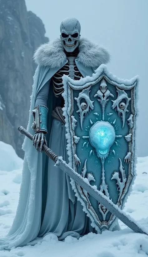 A cinematic, full-body depiction of a forgotten skeleton ice king, a haunting figure of cold desolation and lost majesty, wielding a colossal, frost-covered shield as his chilling weapon of choice. The shield is an ancient relic of ice and bone, forged fro...