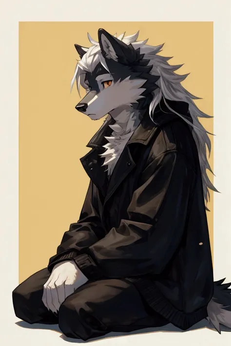 Wolf, Gray fur, long White hair, black tuxedo, sitting posture 