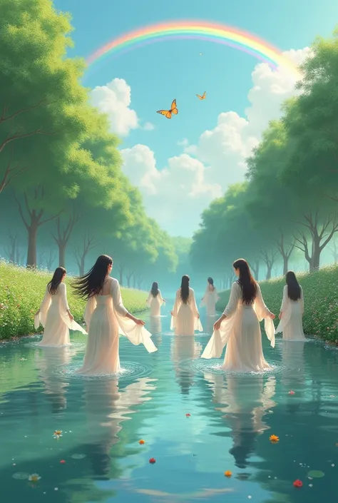 There are Seven beautiful Korean women swimming In the river wearing shawls There are apple trees there are many small flowers On the riverbank there is a rainbow Behind there is a butterfly flying There is an inscription of the angel Epy In the sky 