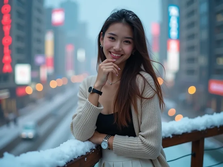 
Prompt :
A captivating close-up shot on a sunny day with an overhead angle. A 25-year-old Asian woman Pose confidently with a Pose confidently, cutely, and seduce men. on a wooden balcony, smiling directly at the camera. A sweater, a black top, and a whit...