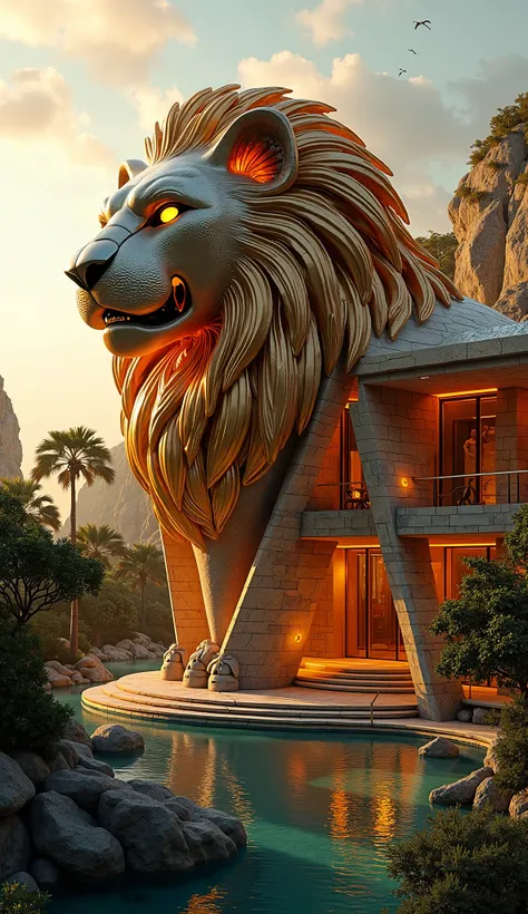 "A futuristic mansion with architecture inspired by an ornate lion design, featuring intricate metallic patterns resembling a lions mane and powerful, angular structures. Glowing amber and gold lights illuminate the mansion, reflecting the strength and maj...