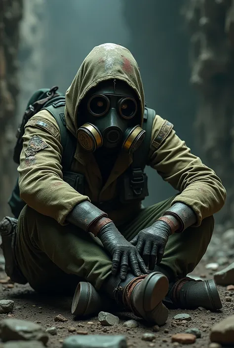 A soldier in a gas mask and a military coverall, stained with mud and blood, with metal inserts, dead from radiation, sitting on a chair in a ruined bunker base with a compass in his outstretched hand, in the style of Metro 2033.