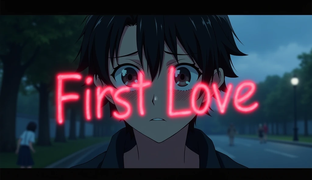 Full HD 4K dynamic Image. Anime theme. "An emotionally charged YouTube thumbnail for a video titled First Love that evokes strong feelings and a sense of urgency. The background should feature a dimly lit scene, possibly at night, with a blurry city or par...