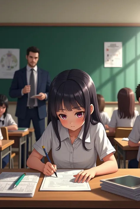  a girl sitting watching the blackboard taking an exam  , while a teacher is being supervised by   