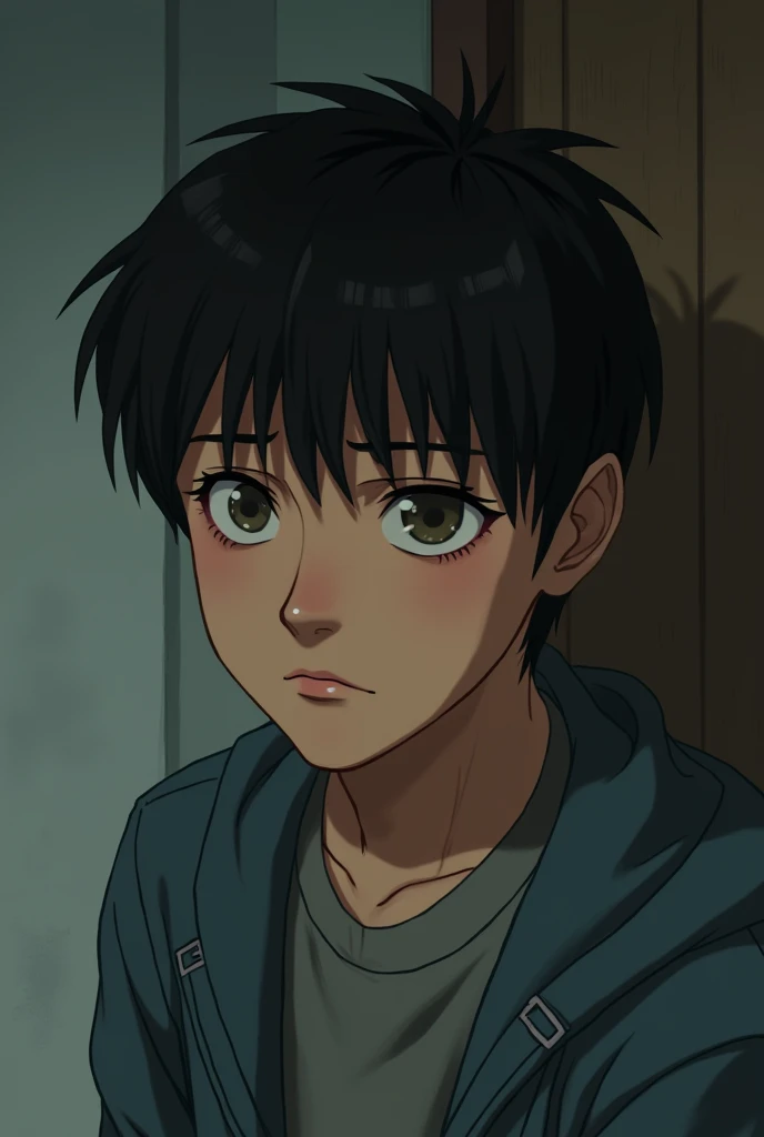 17-year-old male teenager, wearing 1980s clothes,  black hair, intelligent, shy, sad look