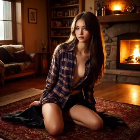 a cute woman (age 20, nude, sexy long hair, sheer flannel shirt open), extreme tease, lewd poses, flirting with viewer, cozy living room with lit fireplace, big furry rug
