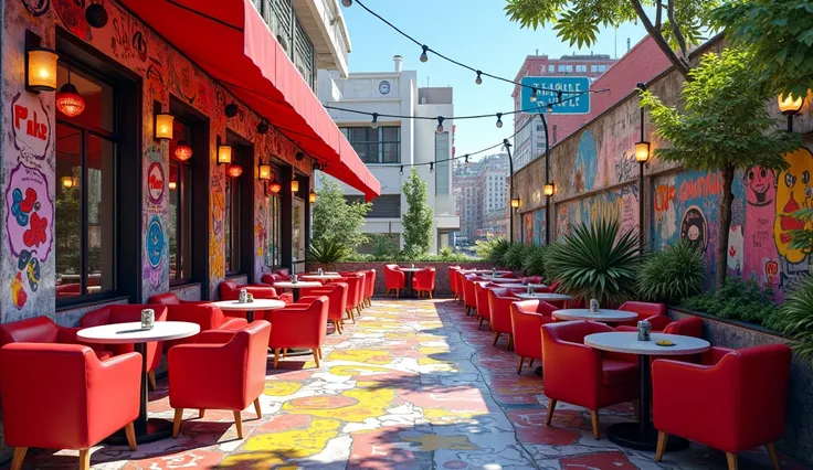 an outdoors terrace  from a fast food buffet restaurant in a street art style with red armchairs in the arternoonn 