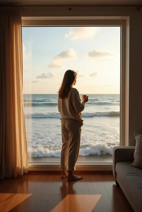 {
  "prompt": "A tranquil scene of a person standing by a large window in their home, looking out at the ocean. The individual is dressed in comfortable clothes, holding a cup of coffee or tea, with a relaxed posture. The view shows waves gently crashing, ...