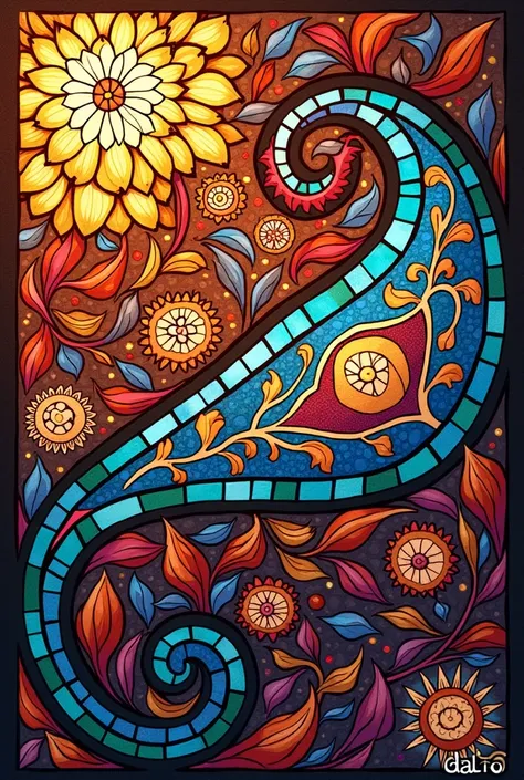 45×45 dimensions,Create colorful scarf design of paisley in stained glass style of art, Mediterranean color pallet,make it complex, abstract and , write brand name at the corner "DARO"