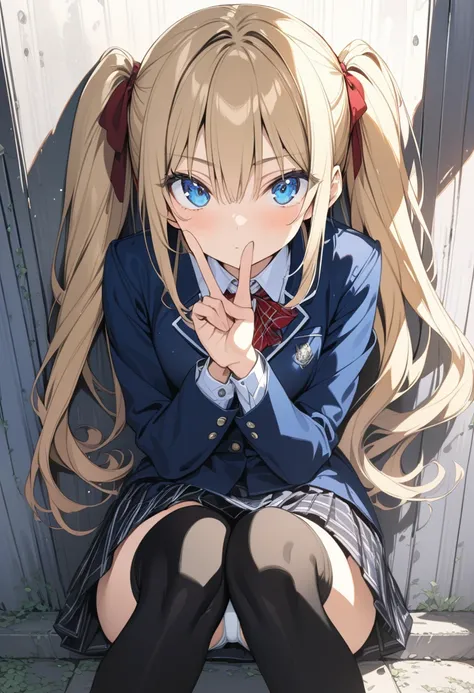 Masterpiece, ultra detailed, 8k, best quality, novel illustration, 18 years old, 1girl, student uniform, mini skirt , Blonde, twin tails, blue eyes , black thighhighs, black loafers, white panties, sit with your knees up, lean against the wall, hand peace ...