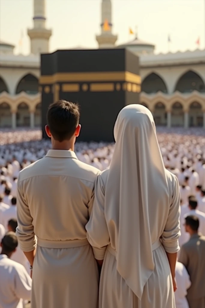 Can you generate an image of me (girl 39 years) and my husband  from a back view facing the Kaaba in the Holy Land, surrounded by a crowd of pilgrims performing tawaf? My height is 156 cm, and my weight is 59 kg. My husband around 80kg and 168cm. I am wear...