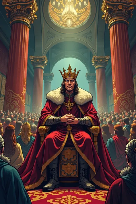 A king sitting on his crown in his palace and many people standing before him... creat Image Retro Comics .16.9