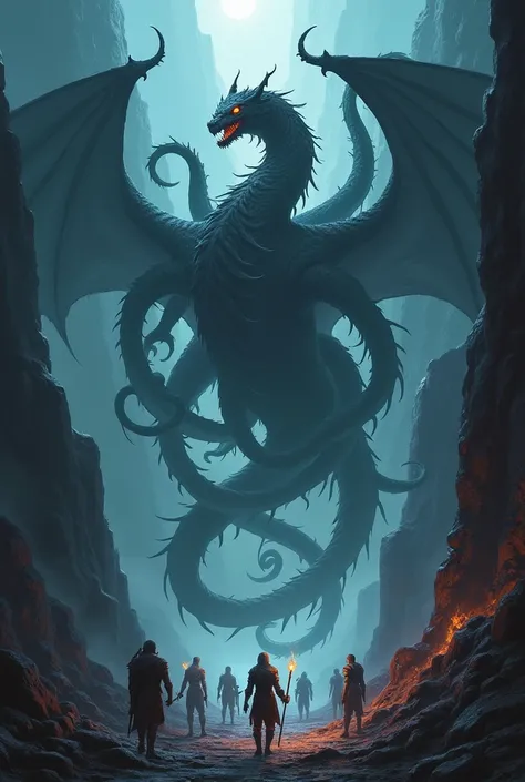 In the depths of a blackened canyon, a terrifying hybrid emerges—a multi-headed hydra with bodies made of pure shadow and glowing crimson eyes. Each head breathes a different elemental attack—fire, ice, and toxic gas—while its massive shadowy wings blot ou...