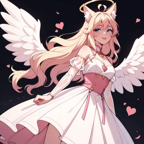 anime, girl, pink long wavy hair with heart shaped ahoge,  fox ears, small angel wings and halo, wearing a dress, elbow length transparent sleeves, gold trimmings on parts of dress