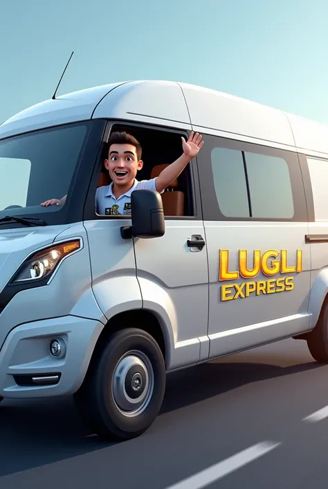  a transport van , medium sized, with a modern design. The white van,  highlighting the name  "LUGLI EXPRESS "  in large, flashy letters on the side .  The driver is smiling and waving from the drivers window,  wearing a transportation uniform ,  maybe a p...