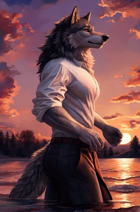 Wolf, Gray fur, white shirt, medium muscular body, black shirt, ( background; beautiful sunset) 