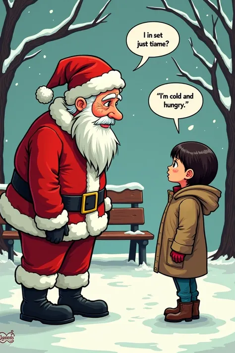 A Santa Claus in a park asking a girl What is happening to you ?  And that the girl answers Im cold and hungry in a comic with the text of a balloon