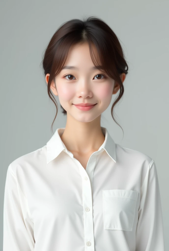 an asian, with brown hair and with a white shirt 